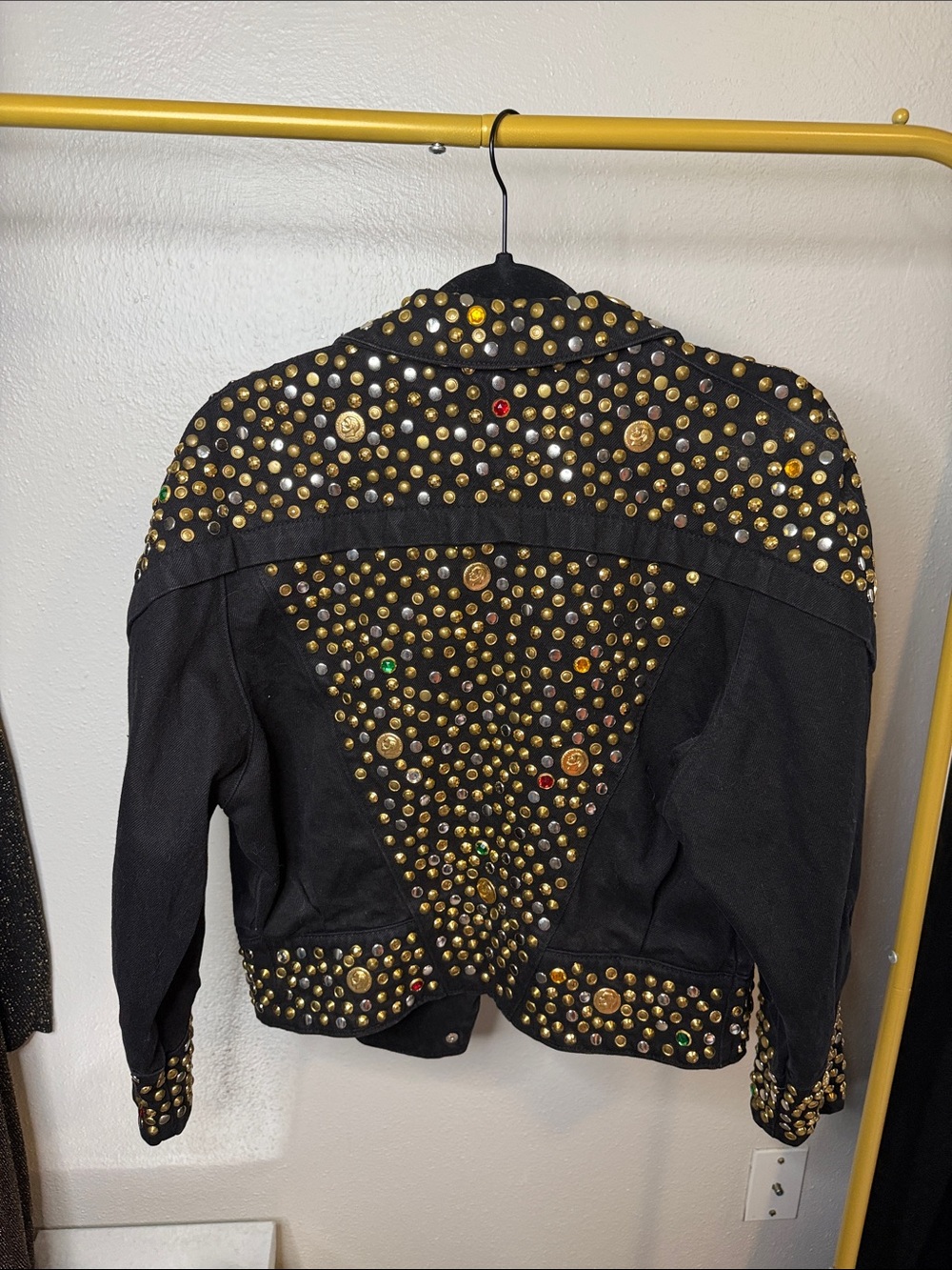 Balmain Black Jean Jacket with Gold and Multicolor Studs